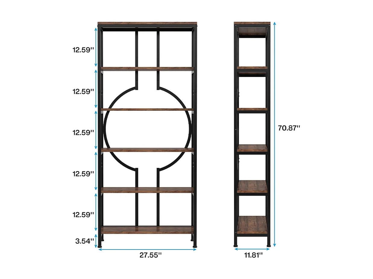 Bibliothèque Industrielle à 6 Niveaux, Haute Étagère Autonome avec Meuble de Rangement à 5 Ouvertures pour Salon