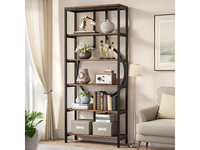 Bibliothèque Industrielle à 6 Niveaux, Haute Étagère Autonome avec Meuble de Rangement à 5 Ouvertures pour Salon