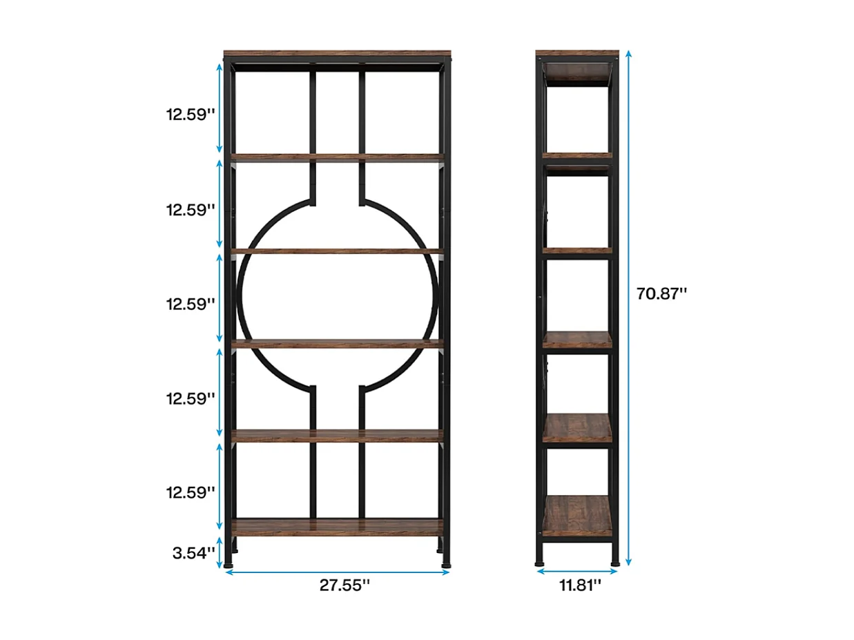 Bibliothèque Industrielle à 6 Niveaux, Haute Étagère Autonome avec Meuble de Rangement à 5 Ouvertures pour Salon