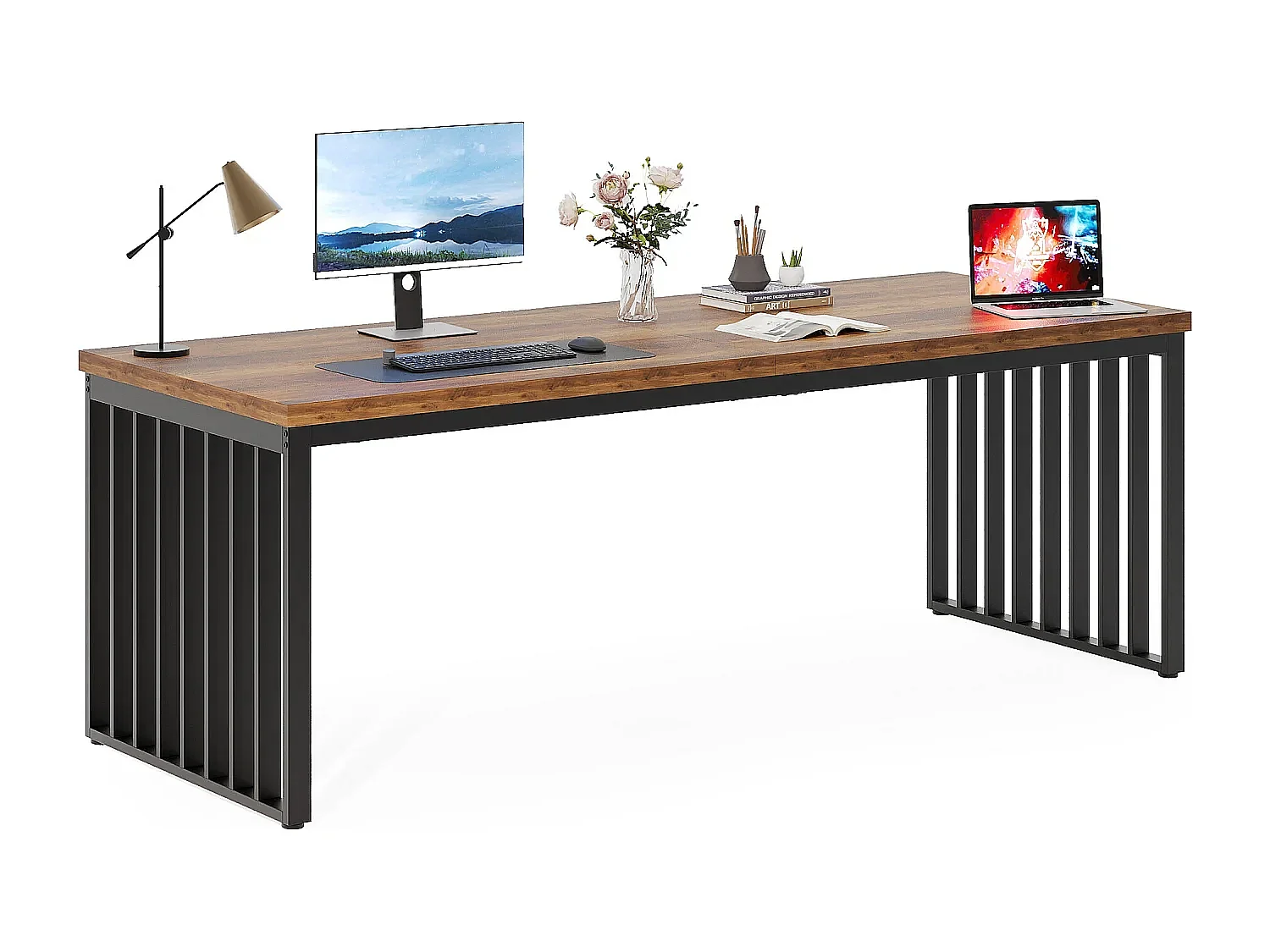 Bureau d'ordinateur, 180 cm Grand Bureau, Poste de Travail pour Bureau à Domicile, Table de conférence, Marron