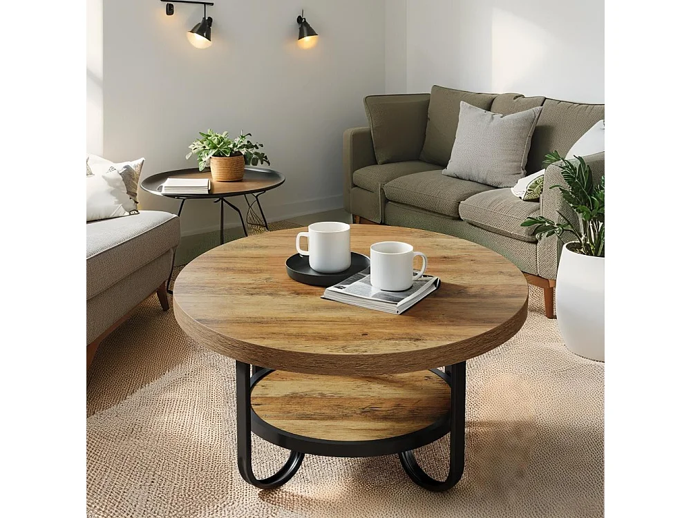 Table basse ronde 80cm pour salon, table centrale à 2 niveaux avec étagère de rangement,Rustique,Marron