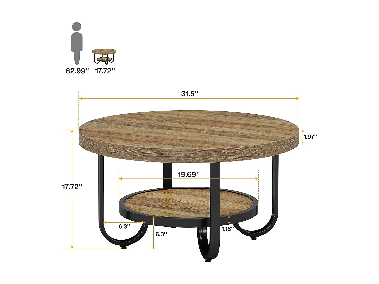 Table basse ronde 80cm pour salon, table centrale à 2 niveaux avec étagère de rangement,Rustique,Marron