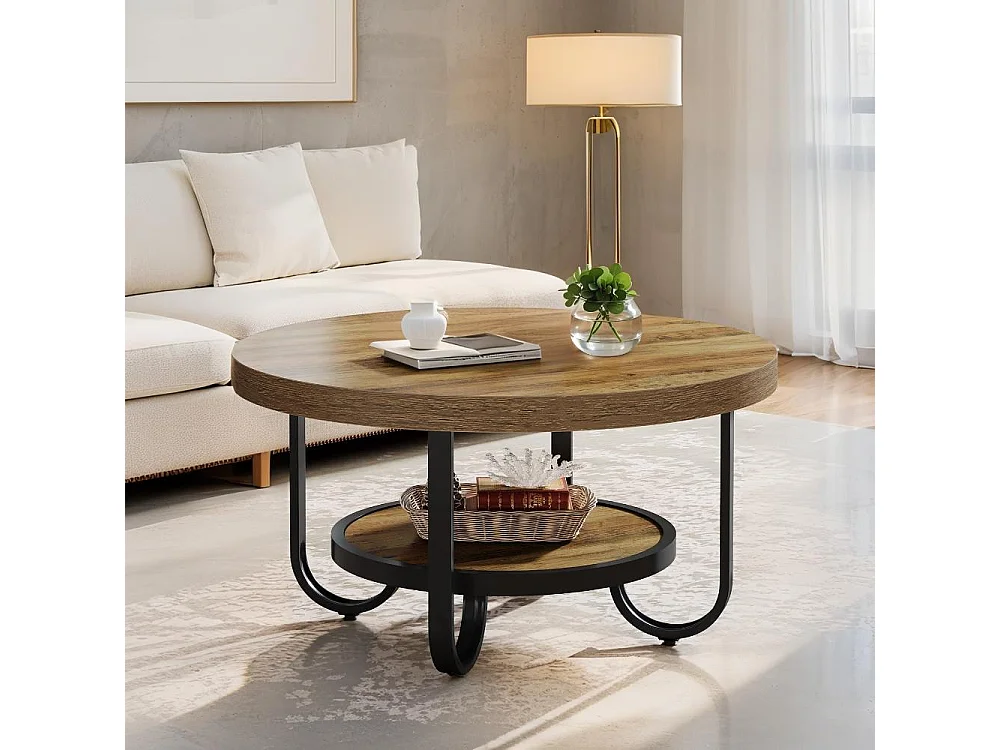 Table basse ronde 80cm pour salon, table centrale à 2 niveaux avec étagère de rangement,Rustique,Marron