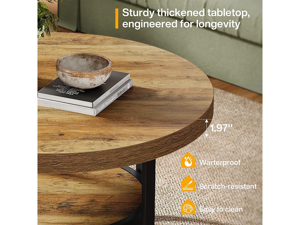 Table basse ronde 80cm pour salon, table centrale à 2 niveaux avec étagère de rangement,Rustique,Marron
