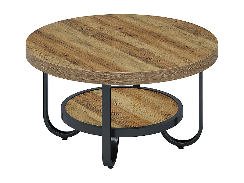 Table basse ronde 80cm pour salon, table centrale à 2 niveaux avec étagère de rangement,Rustique,Marron