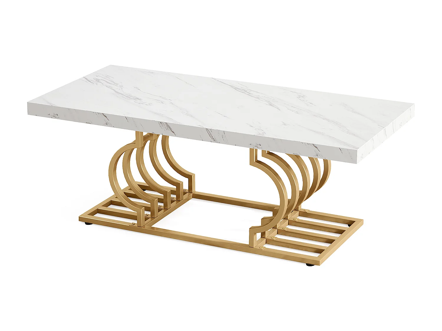 Table Basse Moderne, Faux Marbre Table avec Piètement Géométrique, Table d'appoint de Canapé Rectangulaire, Blanc et Or