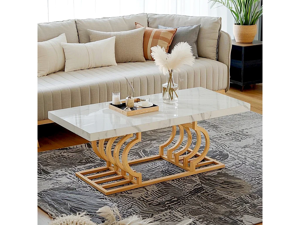 Table Basse Moderne, Faux Marbre Table avec Piètement Géométrique, Table d'appoint de Canapé Rectangulaire, Blanc et Or