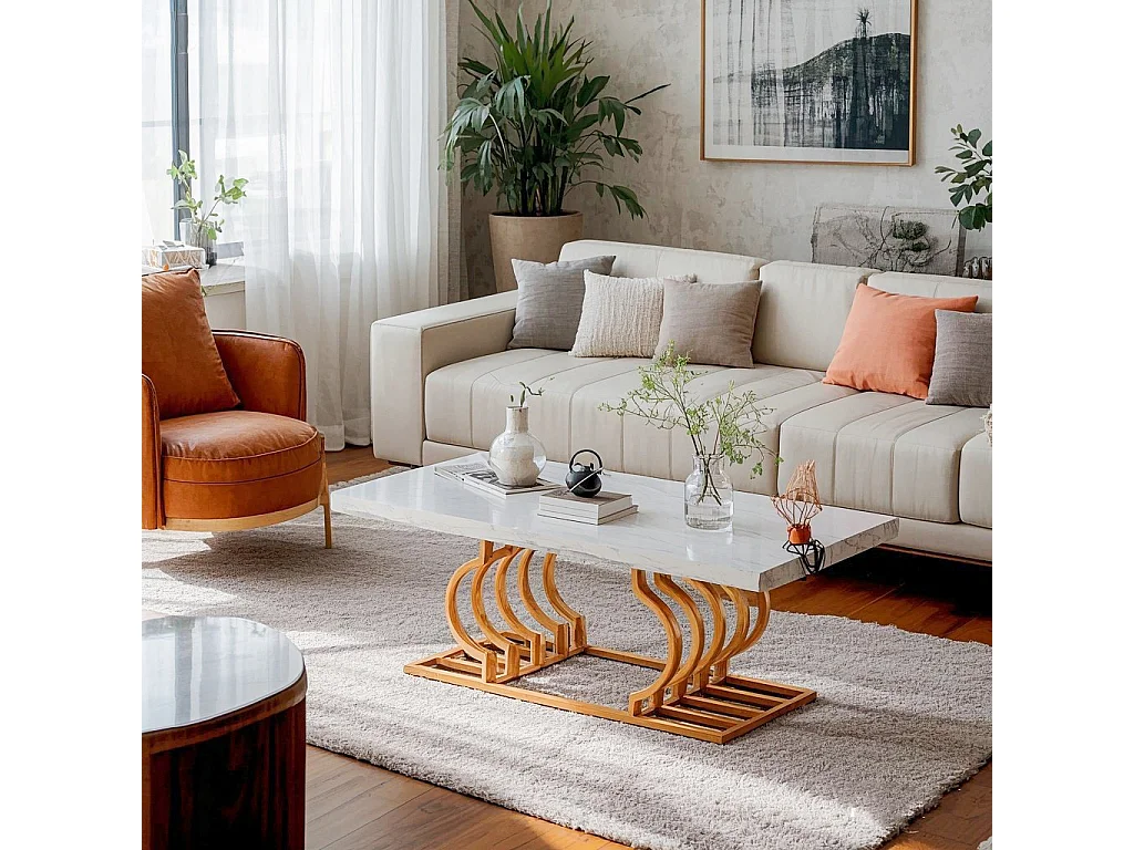 Table Basse Moderne, Faux Marbre Table avec Piètement Géométrique, Table d'appoint de Canapé Rectangulaire, Blanc et Or