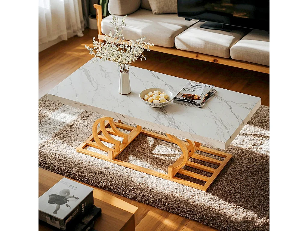 Table Basse Moderne, Faux Marbre Table avec Piètement Géométrique, Table d'appoint de Canapé Rectangulaire, Blanc et Or