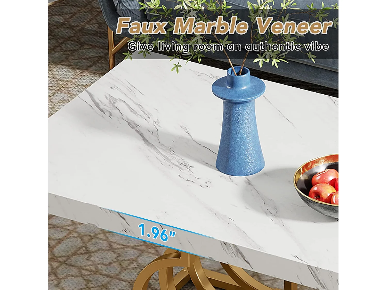 Table Basse Moderne, Faux Marbre Table avec Piètement Géométrique, Table d'appoint de Canapé Rectangulaire, Blanc et Or