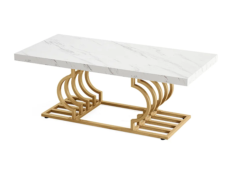 Table Basse Moderne, Faux Marbre Table avec Piètement Géométrique, Table d'appoint de Canapé Rectangulaire, Blanc et Or