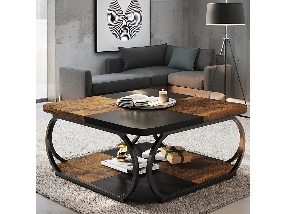 Table basse carrée à 2 niveaux, 101,6 cm, style ferme, avec étagère de rangement en bois et structure métallique robuste et incurvée, idéale pour un salon moderne