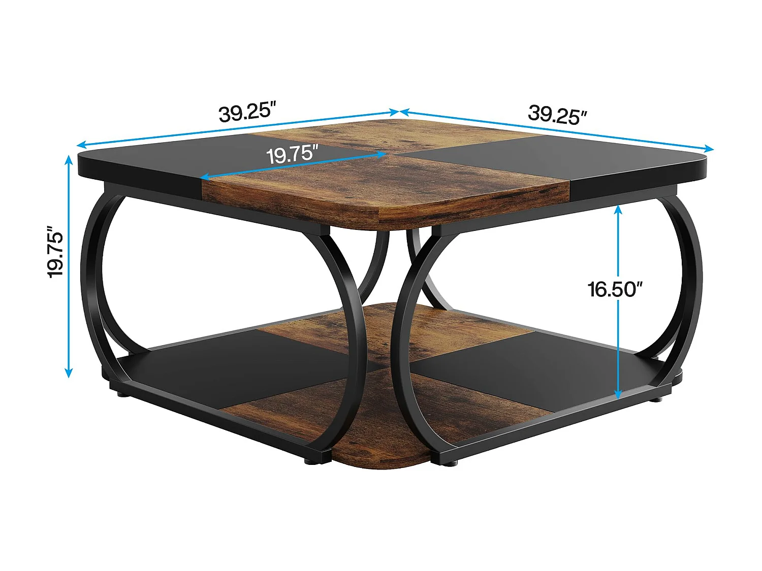 Table basse carrée à 2 niveaux, 101,6 cm, style ferme, avec étagère de rangement en bois et structure métallique robuste et incurvée, idéale pour un salon moderne
