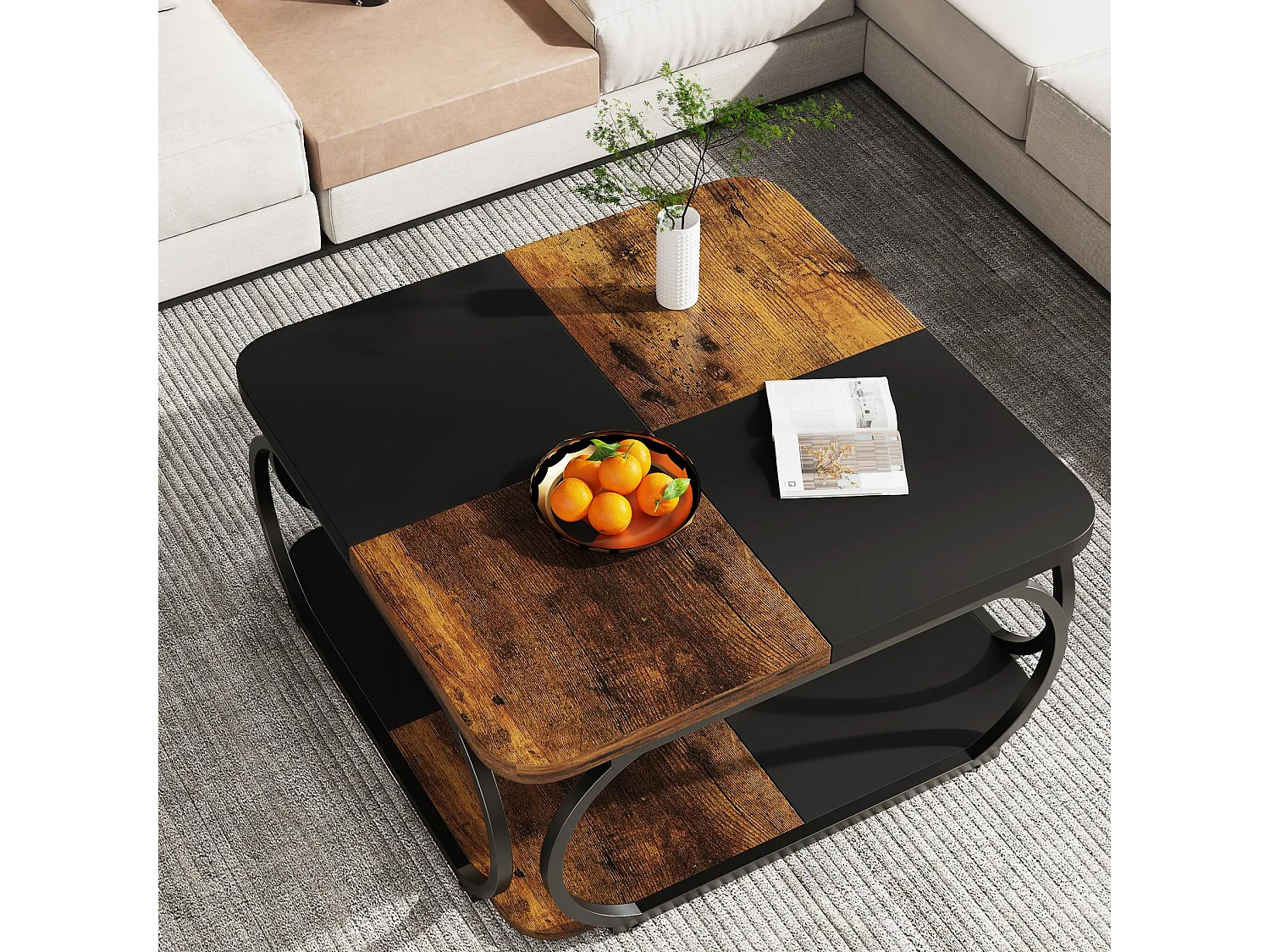 Table basse carrée à 2 niveaux, 101,6 cm, style ferme, avec étagère de rangement en bois et structure métallique robuste et incurvée, idéale pour un salon moderne