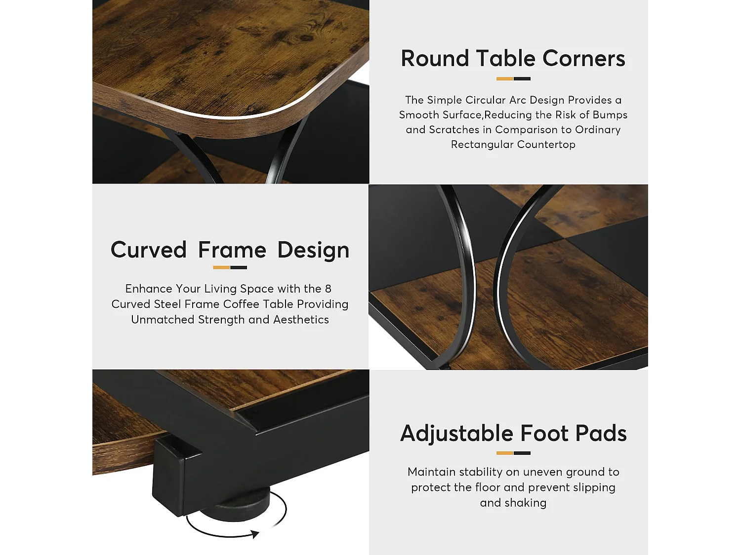 Table basse carrée à 2 niveaux, 101,6 cm, style ferme, avec étagère de rangement en bois et structure métallique robuste et incurvée, idéale pour un salon moderne