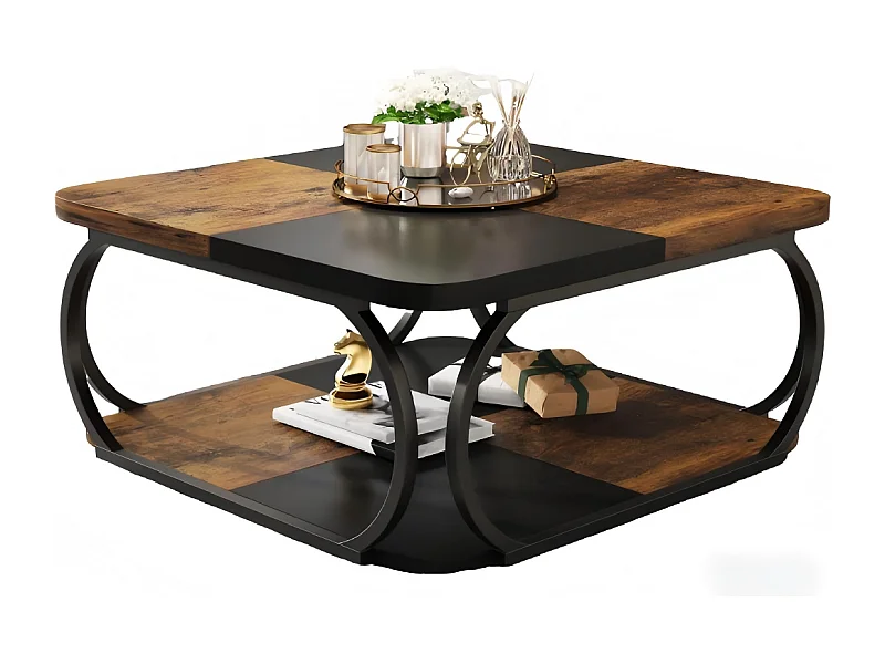 Table basse carrée à 2 niveaux, 101,6 cm, style ferme, avec étagère de rangement en bois et structure métallique robuste et incurvée, idéale pour un salon moderne