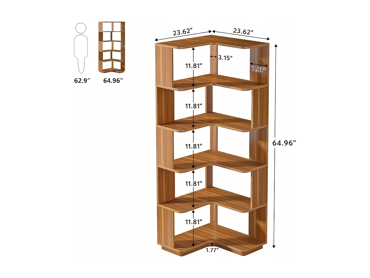 Bibliothèque d'angle à 6 niveaux, étagère de Rangement industrielle avec panneau anti-chute, bibliothèque autoportante en grain de bois