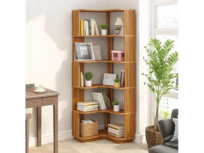 Bibliothèque d'angle à 6 niveaux, étagère de Rangement industrielle avec panneau anti-chute, bibliothèque autoportante en grain de bois