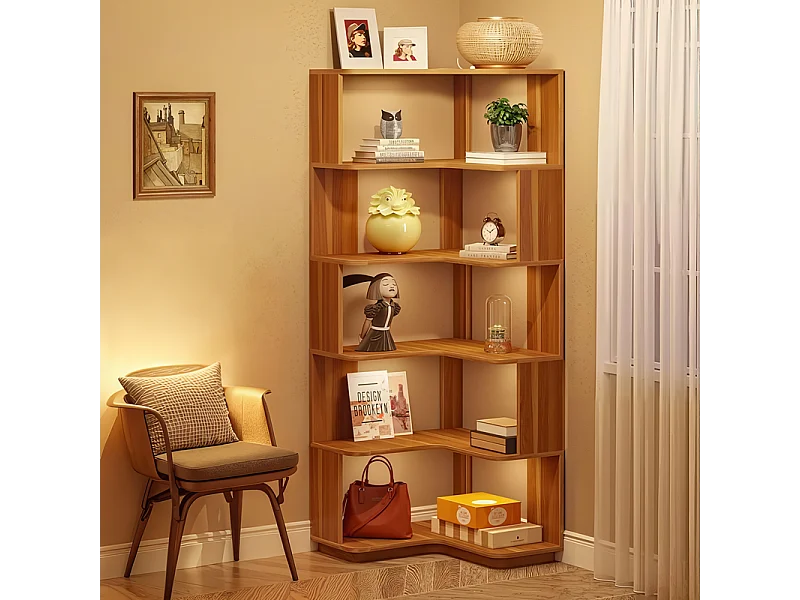 Bibliothèque d'angle à 6 niveaux, étagère de Rangement industrielle avec panneau anti-chute, bibliothèque autoportante en grain de bois