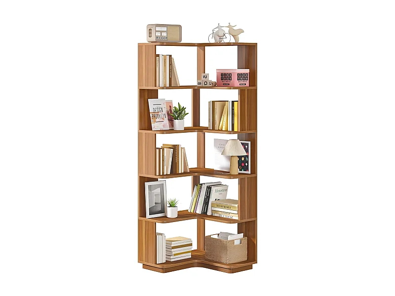 Bibliothèque d'angle à 6 niveaux, étagère de Rangement industrielle avec panneau anti-chute, bibliothèque autoportante en grain de bois