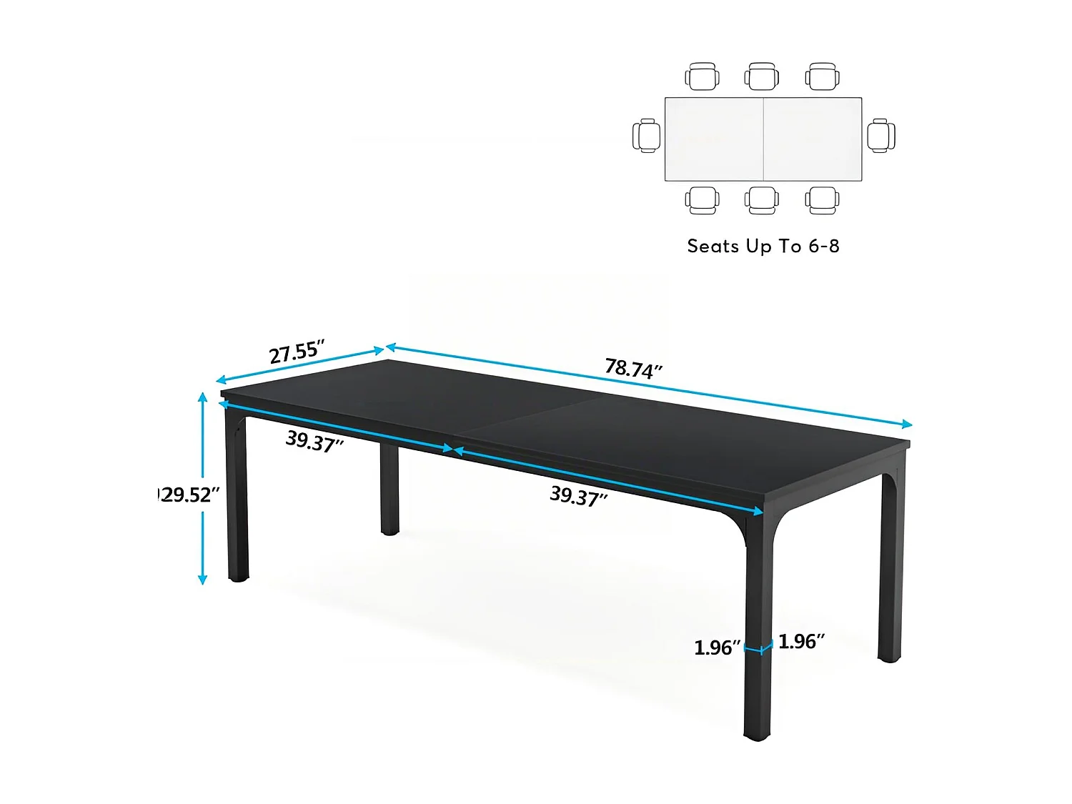 Bureau Informatique, Bureau pour Ordinateur Portable, Table d’étude , Double Bureau Long 200 x 70 x 75 cm, Noir