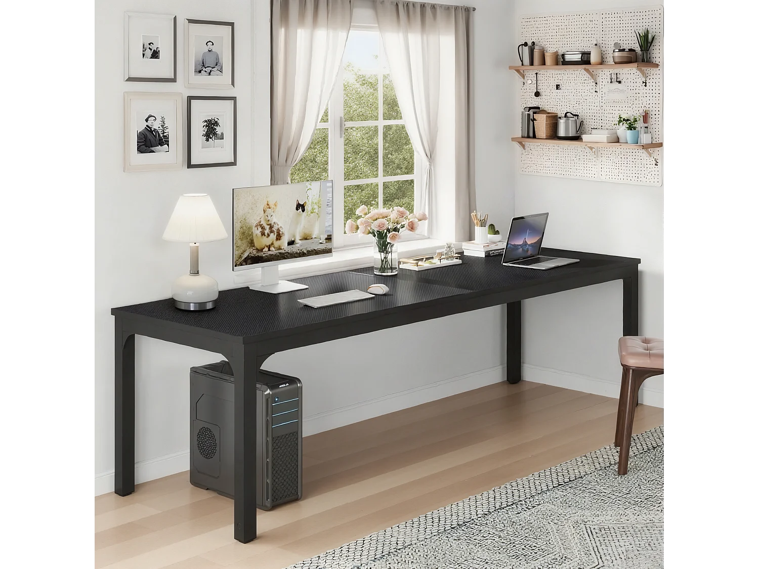 Bureau Informatique, Bureau pour Ordinateur Portable, Table d’étude , Double Bureau Long 200 x 70 x 75 cm, Noir