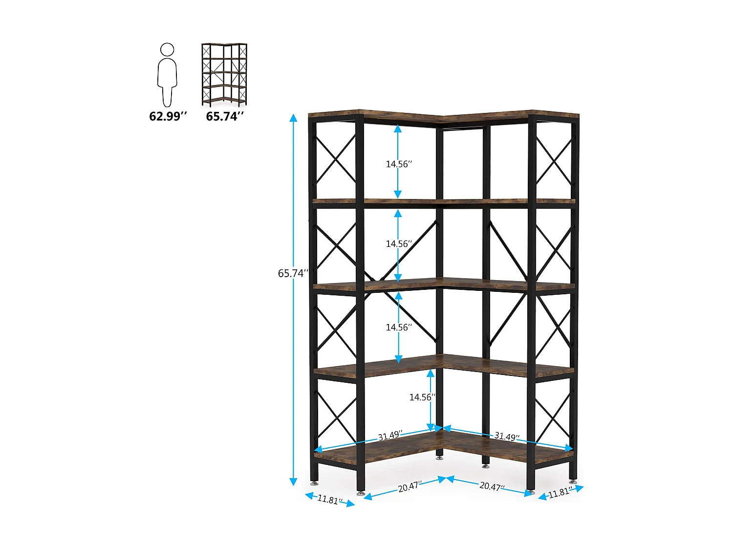 Bibliothèque d'angle à 5 Niveaux, Grande étagère Industrielle sur Pied avec Cadre en métal pour Salon, Maison, Bureau, Marron Rustique，Noir