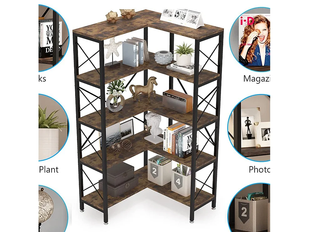 Bibliothèque d'angle à 5 Niveaux, Grande étagère Industrielle sur Pied avec Cadre en métal pour Salon, Maison, Bureau, Marron Rustique，Noir