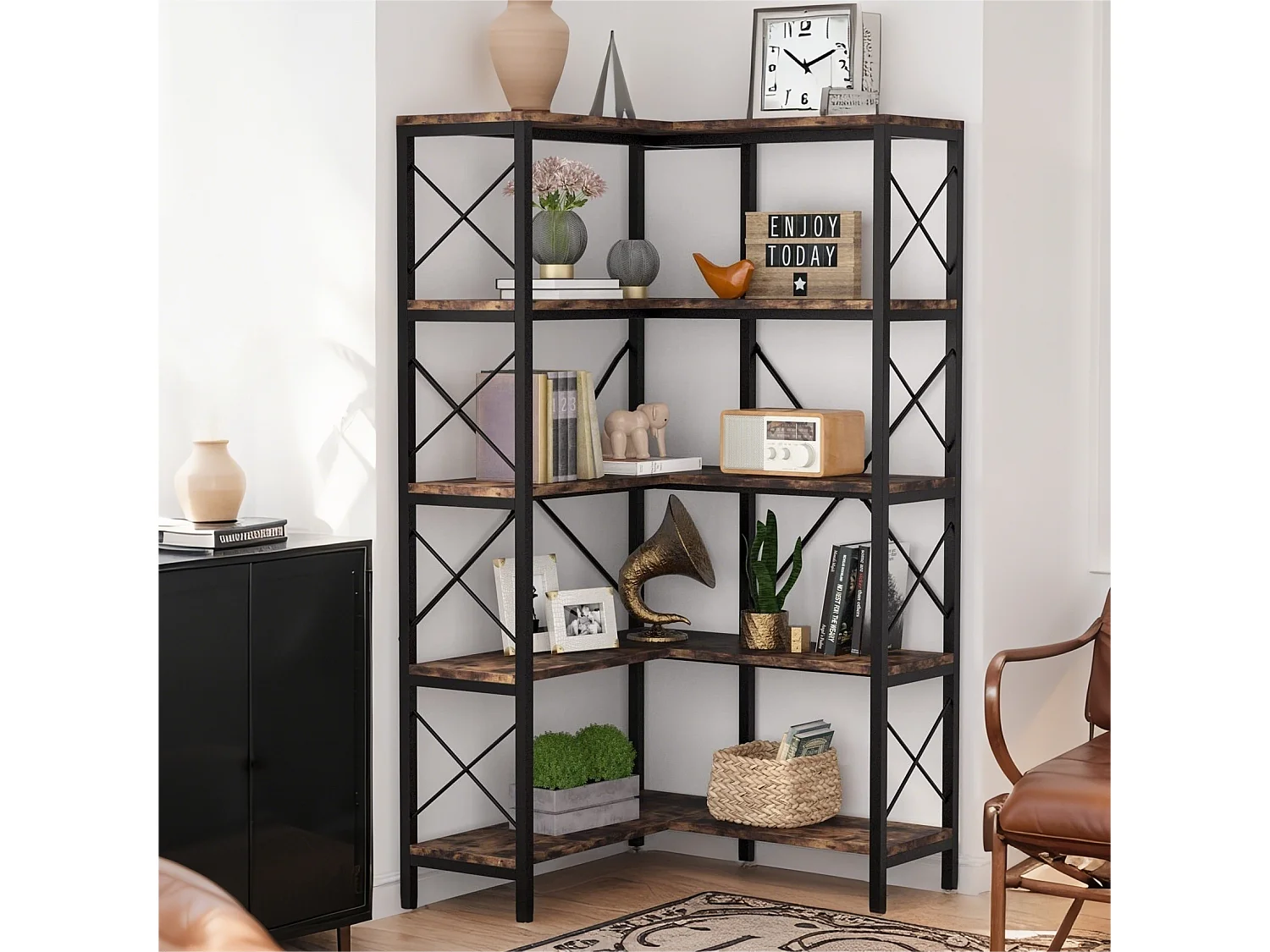 Bibliothèque d'angle à 5 Niveaux, Grande étagère Industrielle sur Pied avec Cadre en métal pour Salon, Maison, Bureau, Marron Rustique，Noir