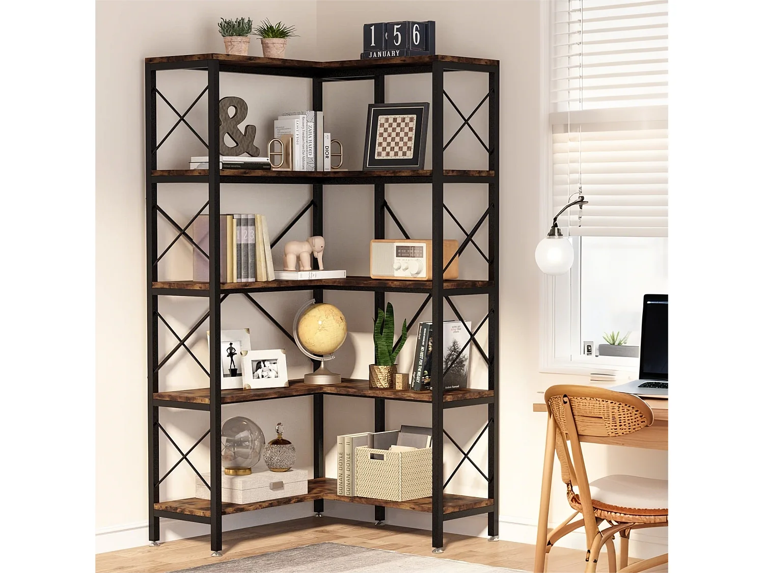 Bibliothèque d'angle à 5 Niveaux, Grande étagère Industrielle sur Pied avec Cadre en métal pour Salon, Maison, Bureau, Marron Rustique，Noir