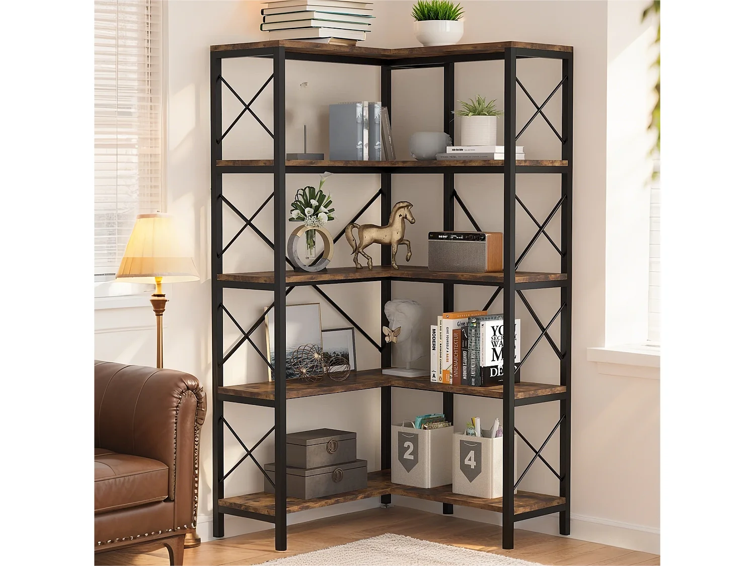 Bibliothèque d'angle à 5 Niveaux, Grande étagère Industrielle sur Pied avec Cadre en métal pour Salon, Maison, Bureau, Marron Rustique，Noir