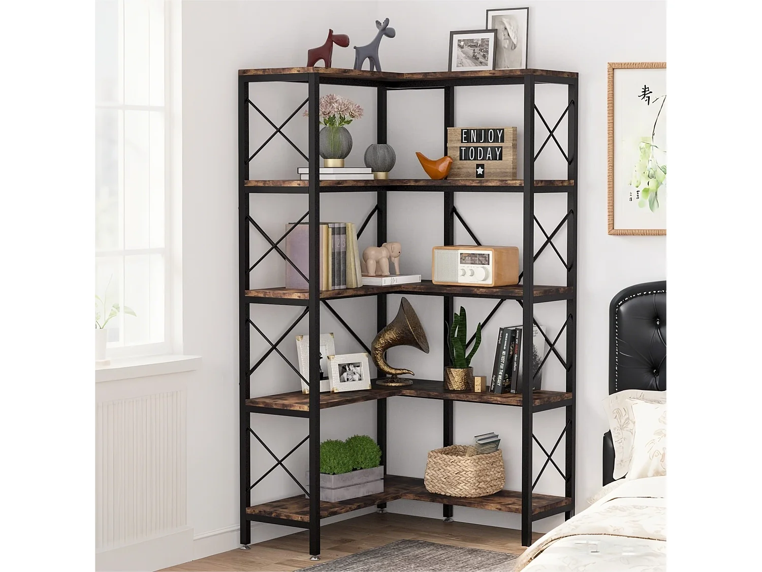 Bibliothèque d'angle à 5 Niveaux, Grande étagère Industrielle sur Pied avec Cadre en métal pour Salon, Maison, Bureau, Marron Rustique，Noir