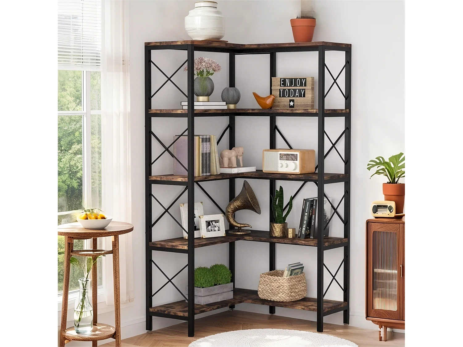 Bibliothèque d'angle à 5 Niveaux, Grande étagère Industrielle sur Pied avec Cadre en métal pour Salon, Maison, Bureau, Marron Rustique，Noir
