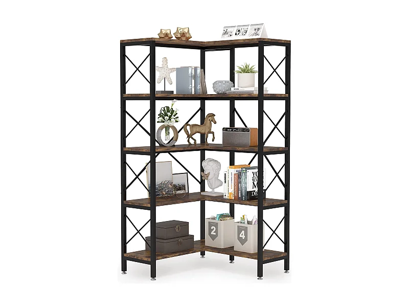 Bibliothèque d'angle à 5 Niveaux, Grande étagère Industrielle sur Pied avec Cadre en métal pour Salon, Maison, Bureau, Marron Rustique，Noir