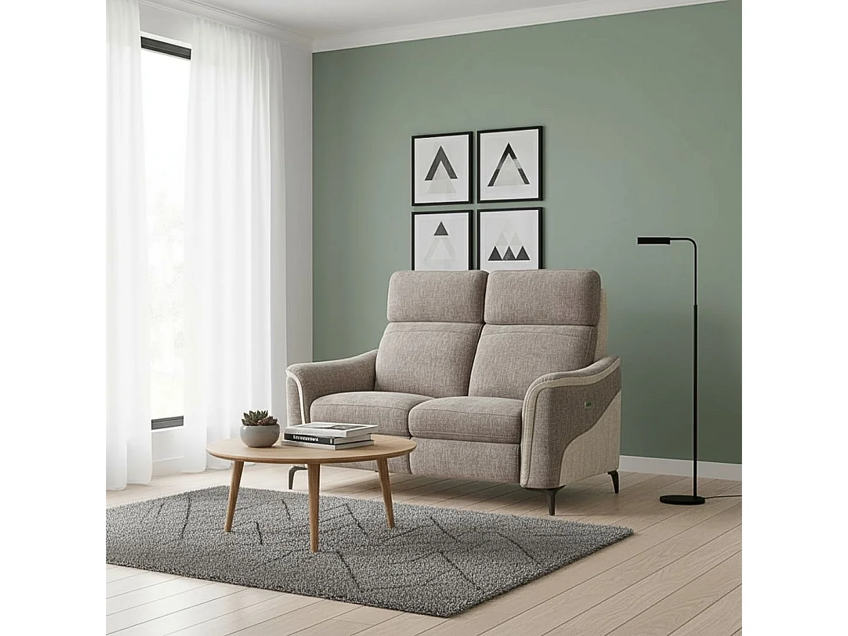 Canapé 2 places relax électrique tissu maillé ultra doux bicolore moka et beige - SOLLYS