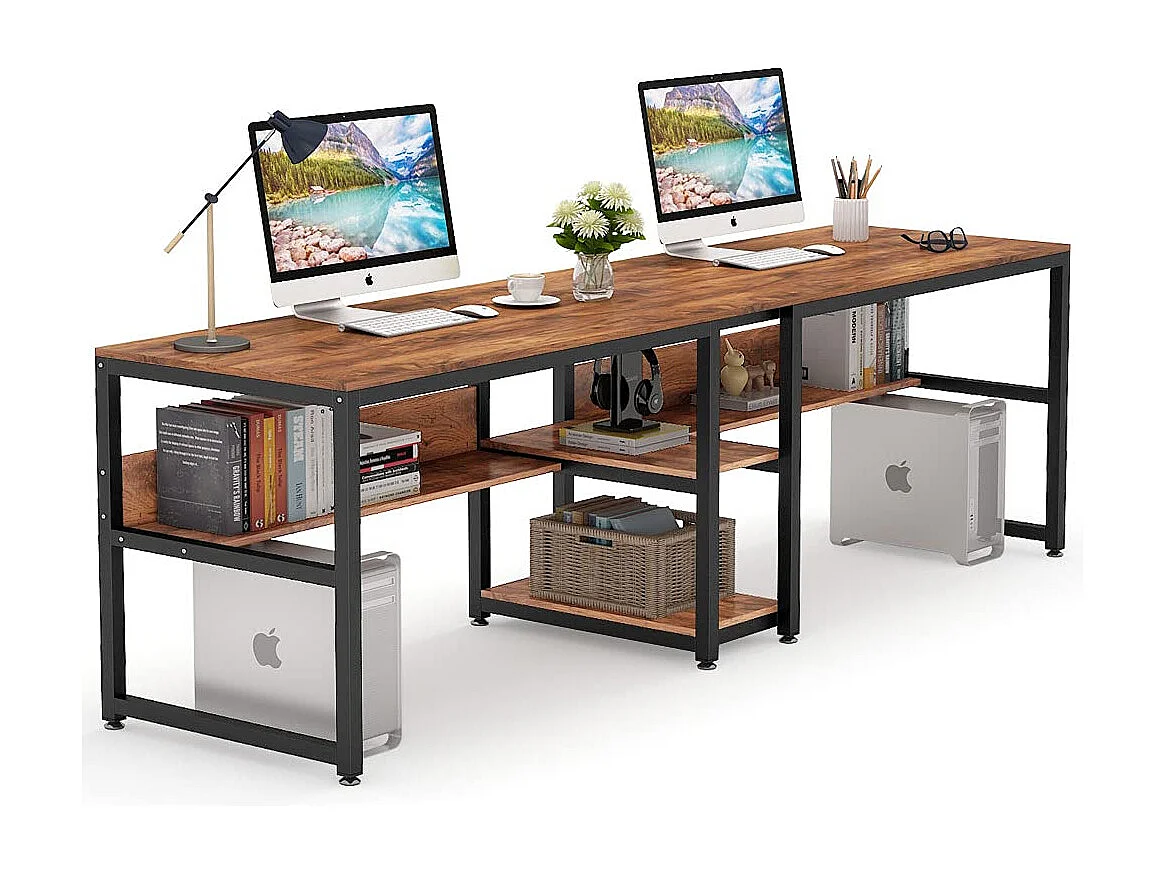 200 cm Bureau d'Ordinateur Double pour 2 Personnes, Table d'écriture Rustique avec étagère pour Le Bureau à Domicile Rustique