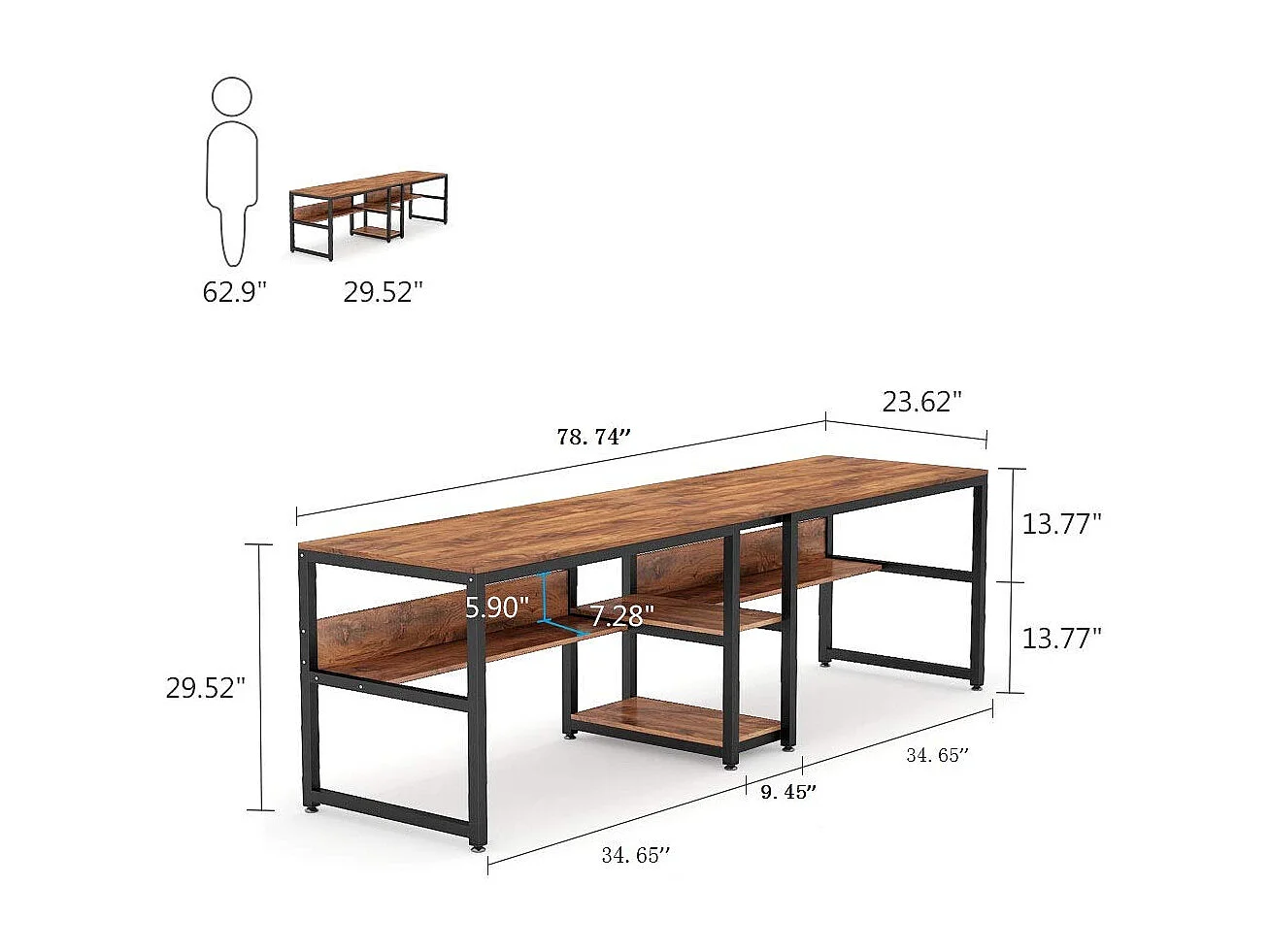 200 cm Bureau d'Ordinateur Double pour 2 Personnes, Table d'écriture Rustique avec étagère pour Le Bureau à Domicile Rustique