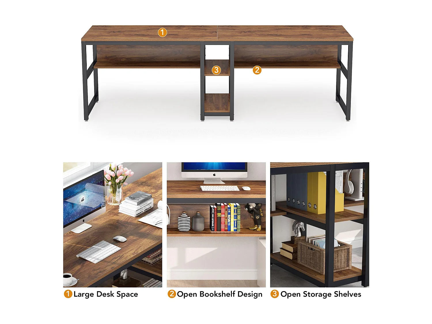 200 cm Bureau d'Ordinateur Double pour 2 Personnes, Table d'écriture Rustique avec étagère pour Le Bureau à Domicile Rustique