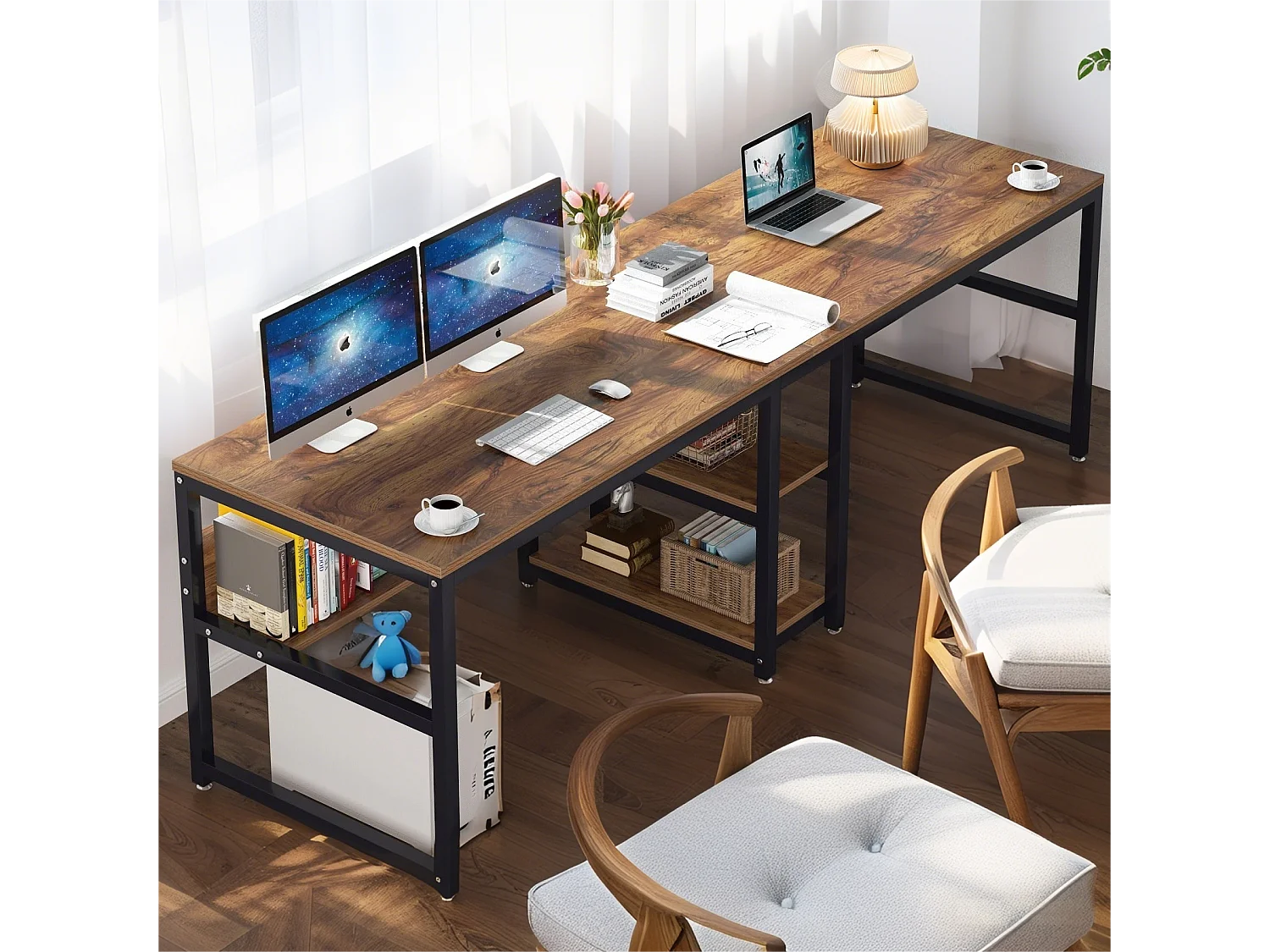 200 cm Bureau d'Ordinateur Double pour 2 Personnes, Table d'écriture Rustique avec étagère pour Le Bureau à Domicile Rustique