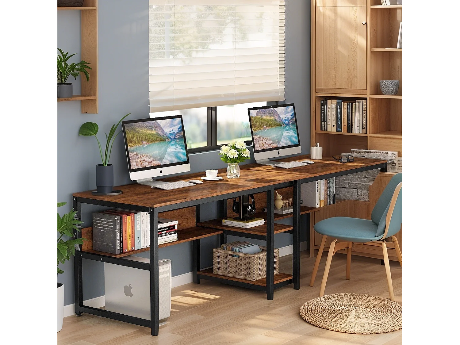 200 cm Bureau d'Ordinateur Double pour 2 Personnes, Table d'écriture Rustique avec étagère pour Le Bureau à Domicile Rustique