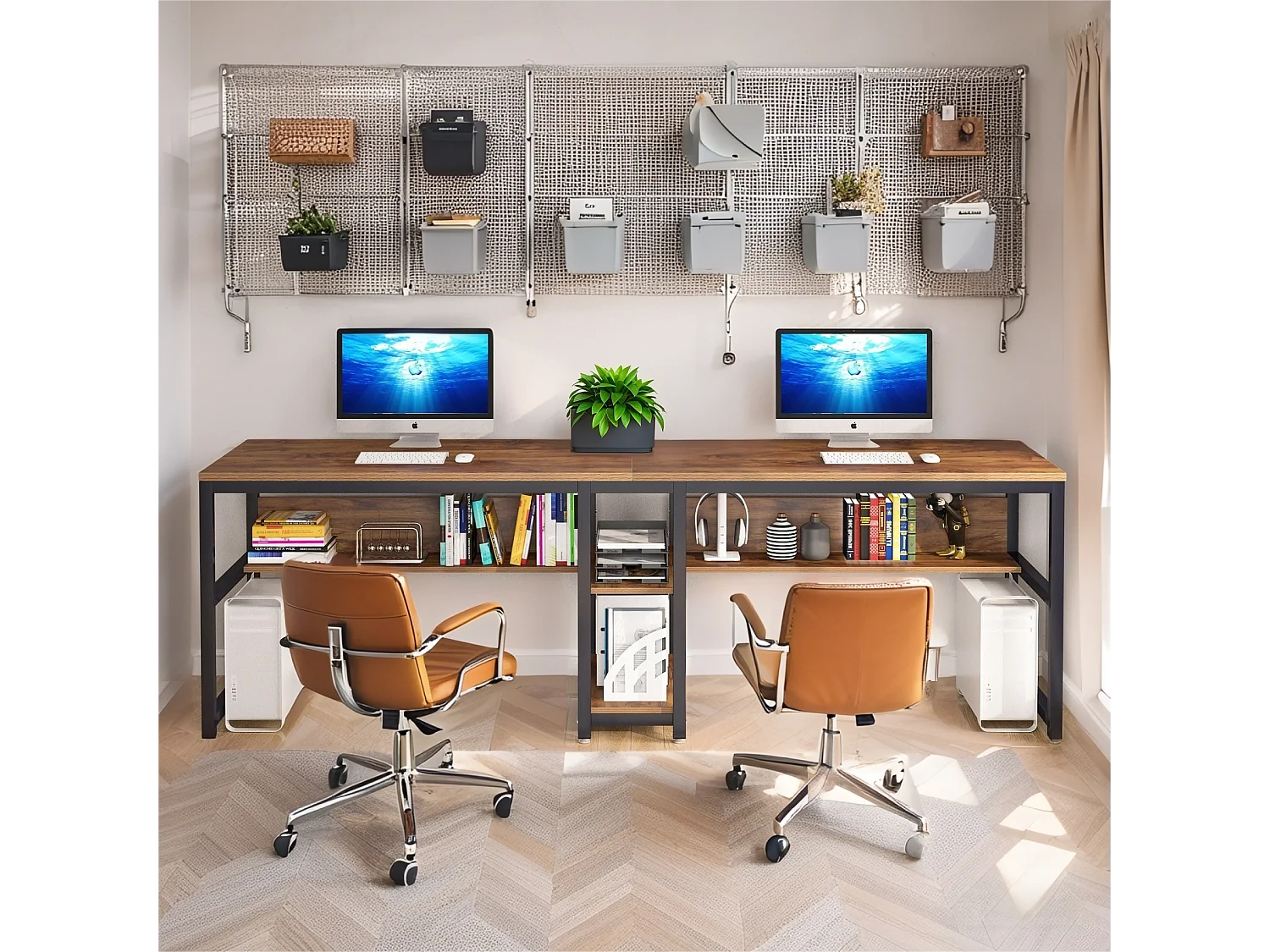 200 cm Bureau d'Ordinateur Double pour 2 Personnes, Table d'écriture Rustique avec étagère pour Le Bureau à Domicile Rustique