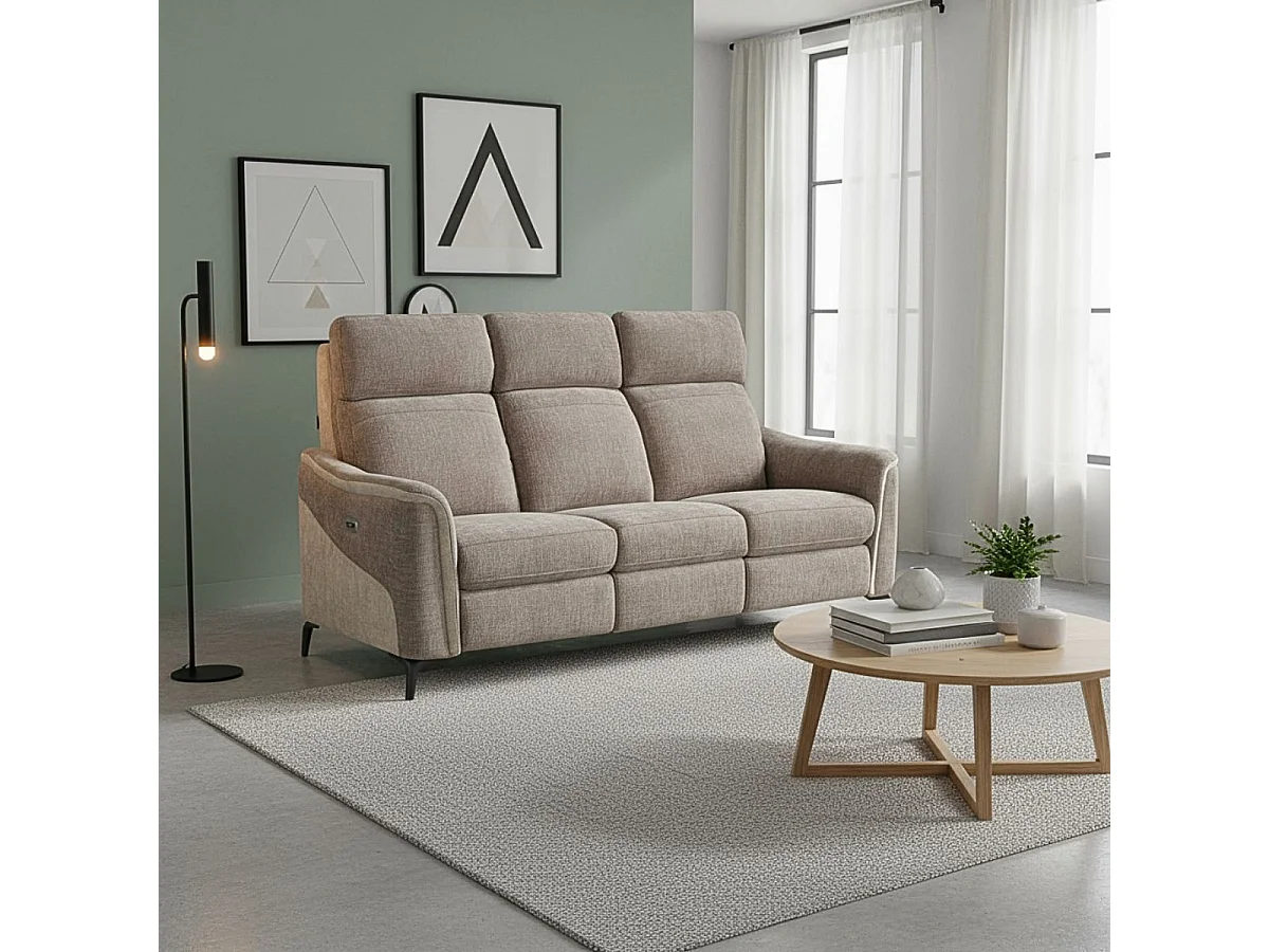 Canapé 3 places relax électrique tissu maillé ultra doux bicolore moka et beige avec tablette centrale - SOLLYS