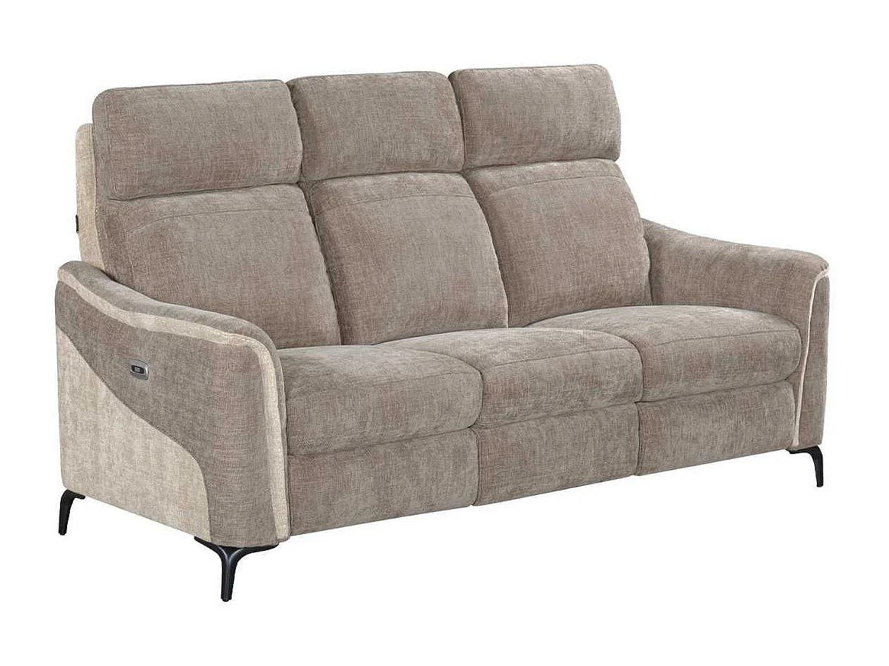 Canapé 3 places relax électrique tissu maillé ultra doux bicolore moka et beige avec tablette centrale - SOLLYS