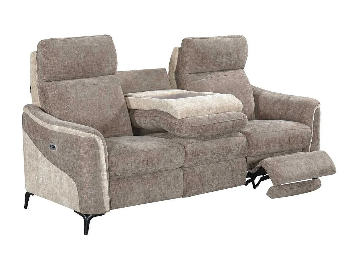 Canapé 3 places relax électrique tissu maillé ultra doux bicolore moka et beige avec tablette centrale - SOLLYS