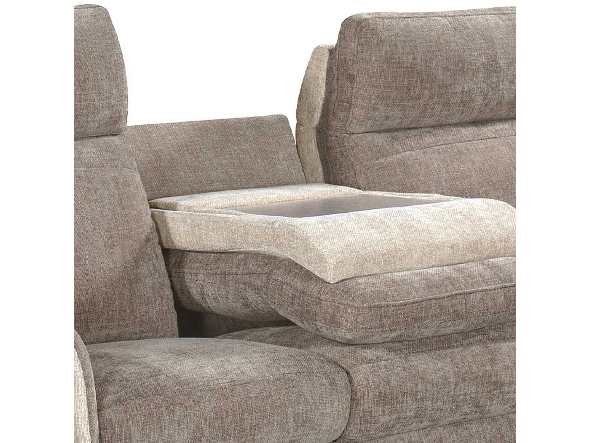 Canapé 3 places relax électrique tissu maillé ultra doux bicolore moka et beige avec tablette centrale - SOLLYS