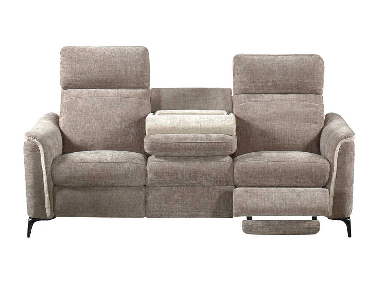 Canapé 3 places relax électrique tissu maillé ultra doux bicolore moka et beige avec tablette centrale - SOLLYS