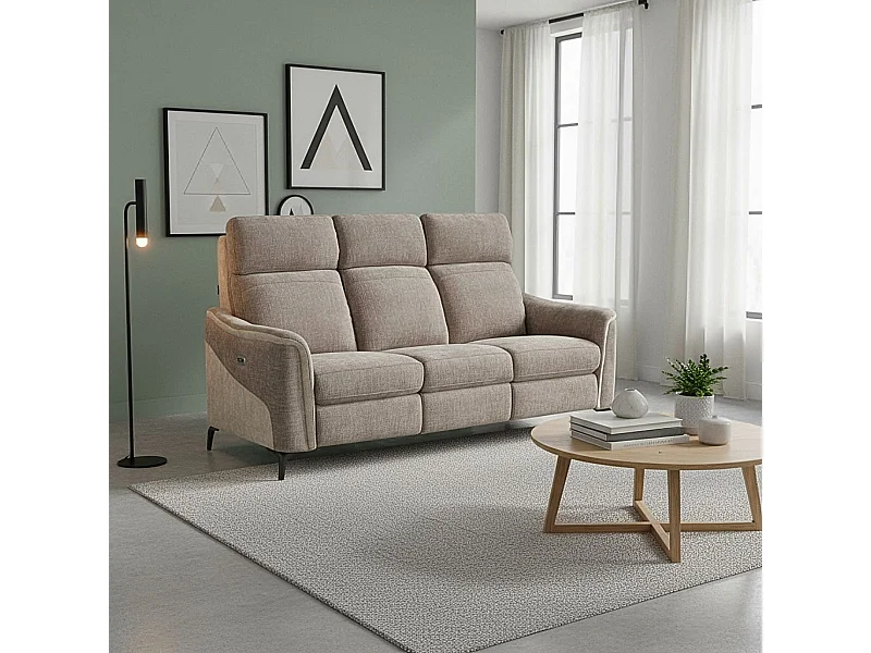 Canapé 3 places relax électrique tissu maillé ultra doux bicolore moka et beige avec tablette centrale - SOLLYS