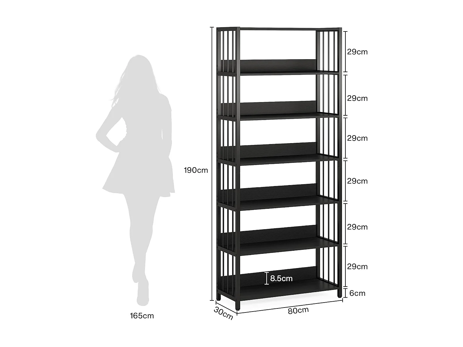 Bibliothèque Étagère de Rangement à 6 Niveaux, Bibliothèque étroite Extra Haute de 190 cm,70 x 30 x 190 cm (Noir)