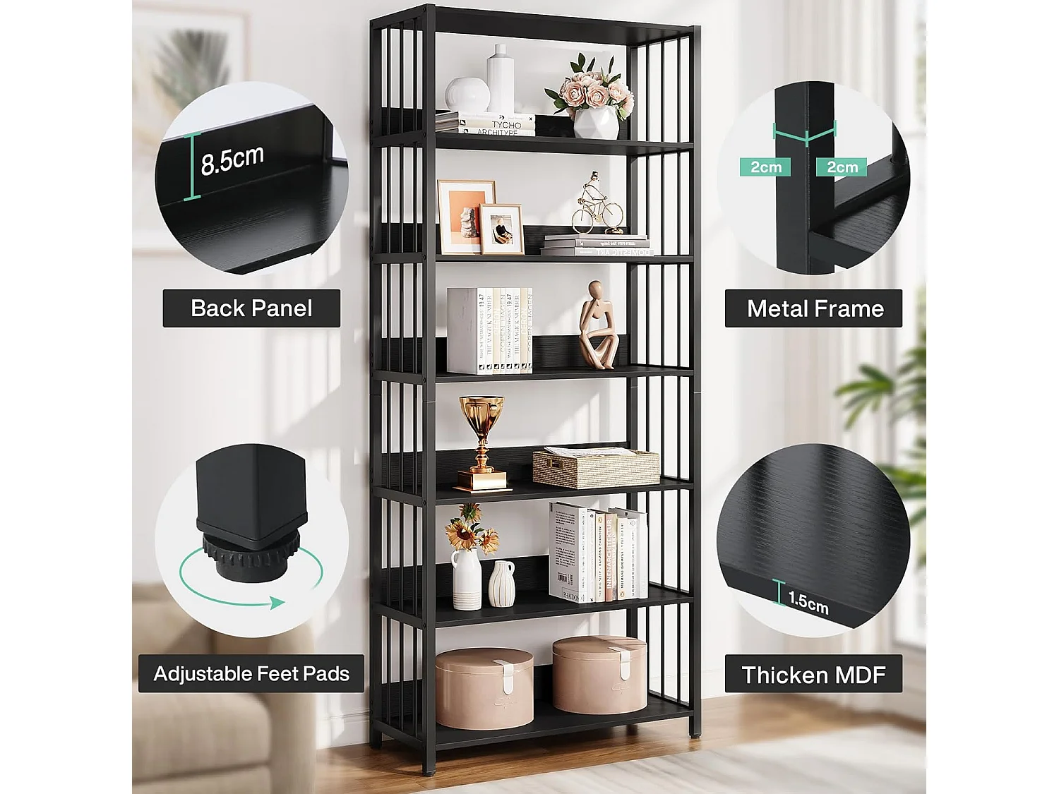 Bibliothèque Étagère de Rangement à 6 Niveaux, Bibliothèque étroite Extra Haute de 190 cm,70 x 30 x 190 cm (Noir)