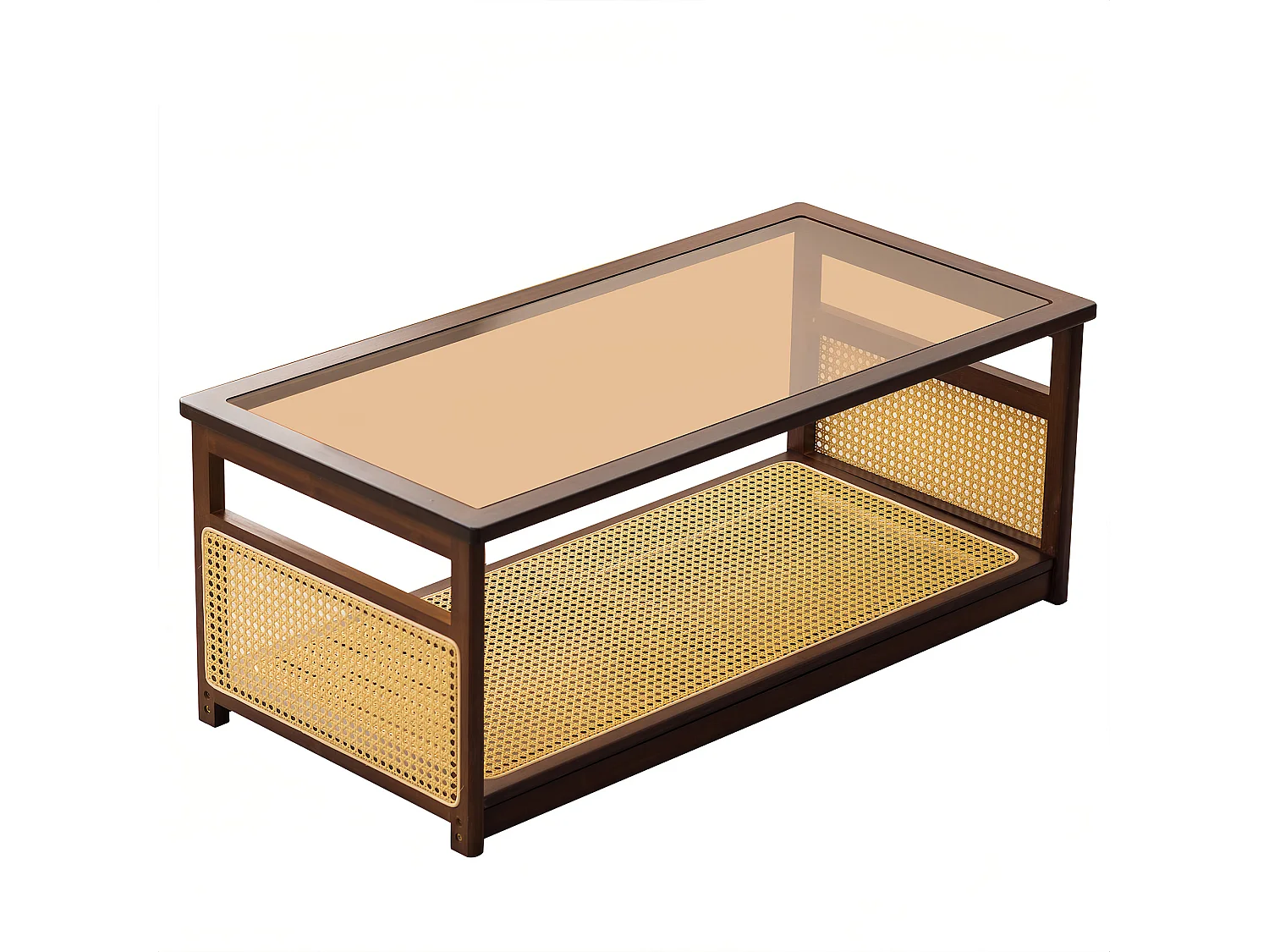 Table basse de salon avec rangement à 2 niveaux, Table rectangulaire en rotin et verre, idéale pour le salon, marron, 108.5 x 53 x 42cm